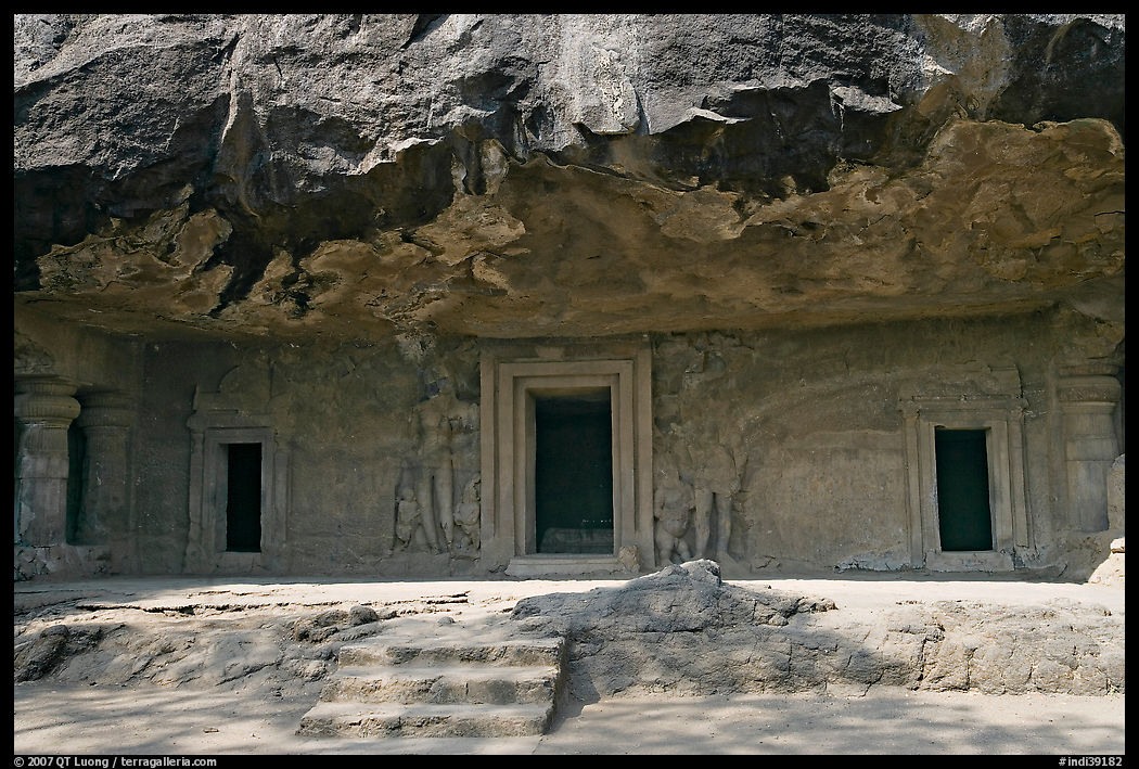 Cave with sculptures and entrances, Elephanta Island. Mumbai, Maharashtra, India