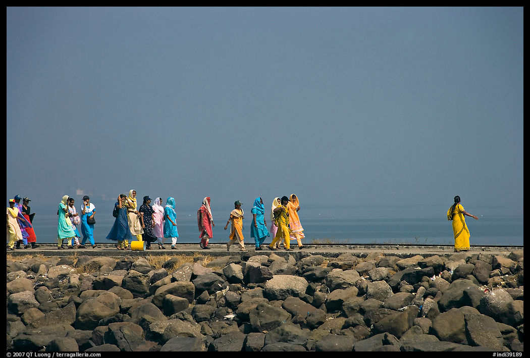 Women walking on  jetty in the distance, Elephanta Island. Mumbai, Maharashtra, India