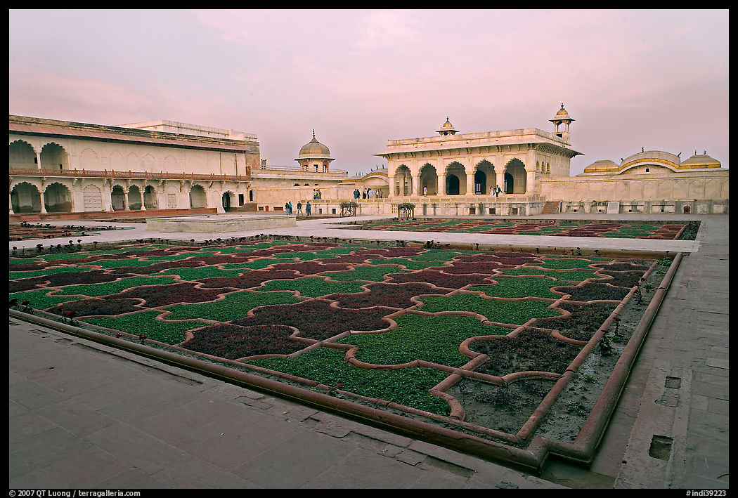 Anguri Bagh garden and Khas Mahal palace, Agra Fort, dusk. Agra, Uttar Pradesh, India