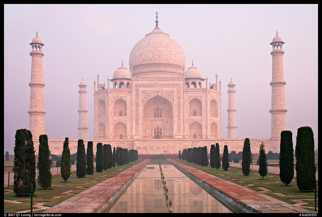 Taj Mahal reflected in watercourse,  sunrise. Agra, Uttar Pradesh, India