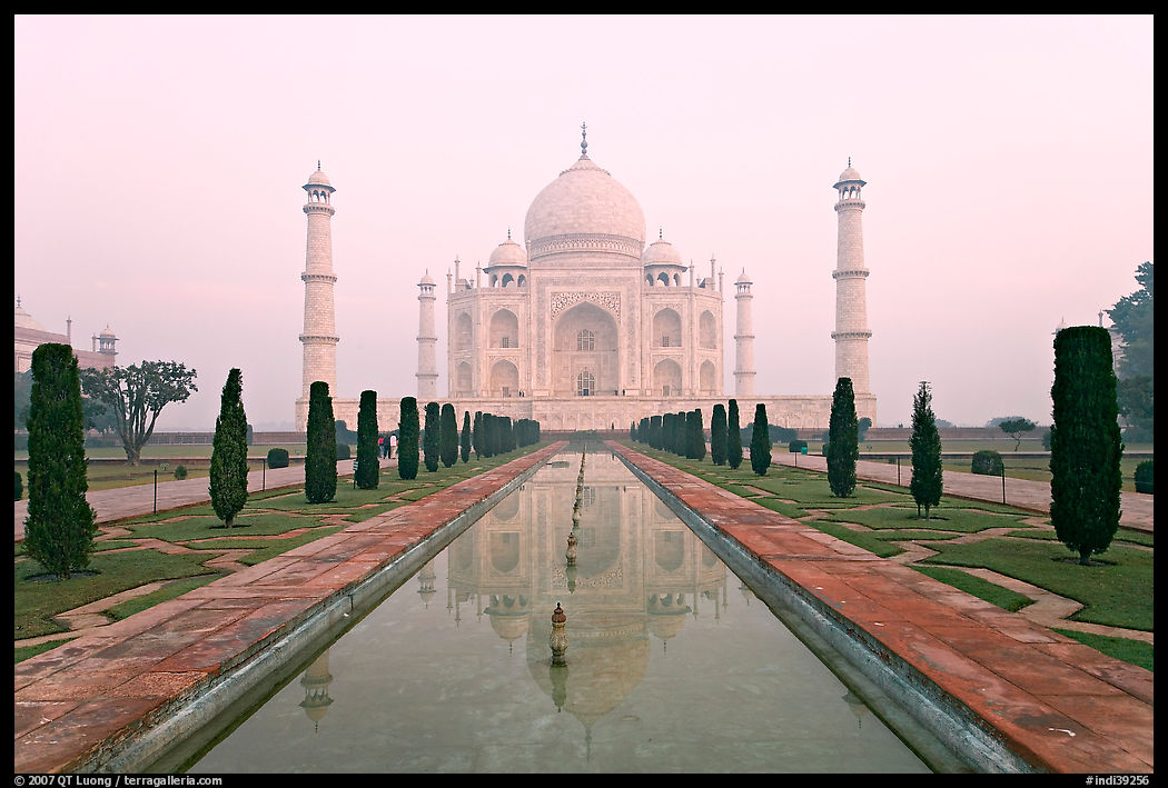 Ornamental gardens and Taj Mahal, sunrise. Agra, Uttar Pradesh, India