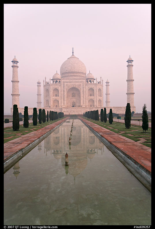 Tomb  reflected in basin, sunrise, Taj Mahal. Agra, Uttar Pradesh, India