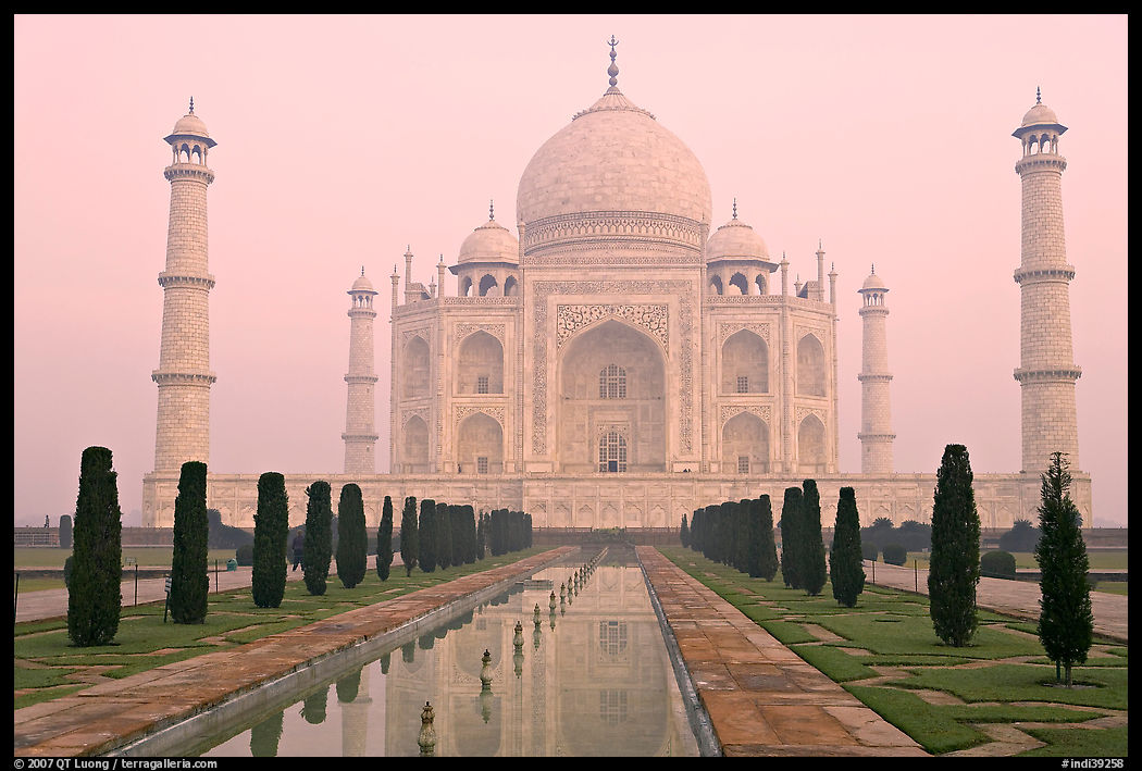 Taj Mahal, charbagh gardens, and watercourse, sunrise. Agra, Uttar Pradesh, India