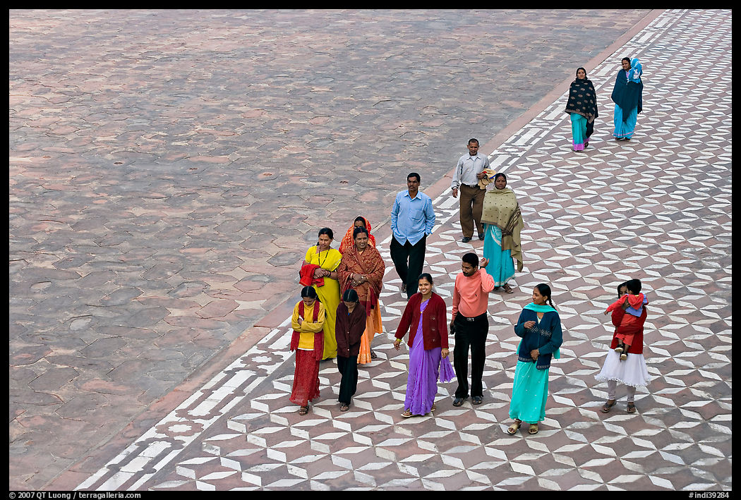 Families walking on decorated terrace, Taj Mahal. Agra, Uttar Pradesh, India