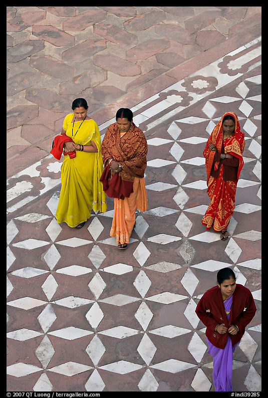 Women walking on decorated terrace, Taj Mahal. Agra, Uttar Pradesh, India