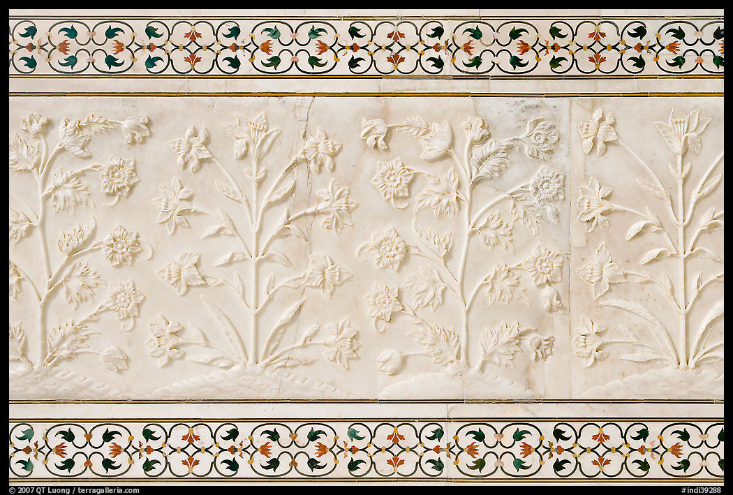 Vegetative motifs on white marble dados, Taj Mahal. Agra, Uttar Pradesh, India
