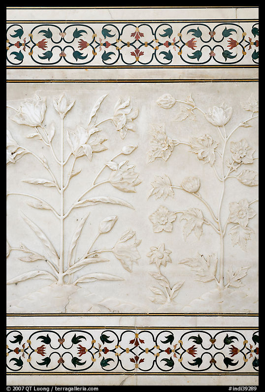 Bas reliefs and pietra dura inlays of flowers, Taj Mahal. Agra, Uttar Pradesh, India