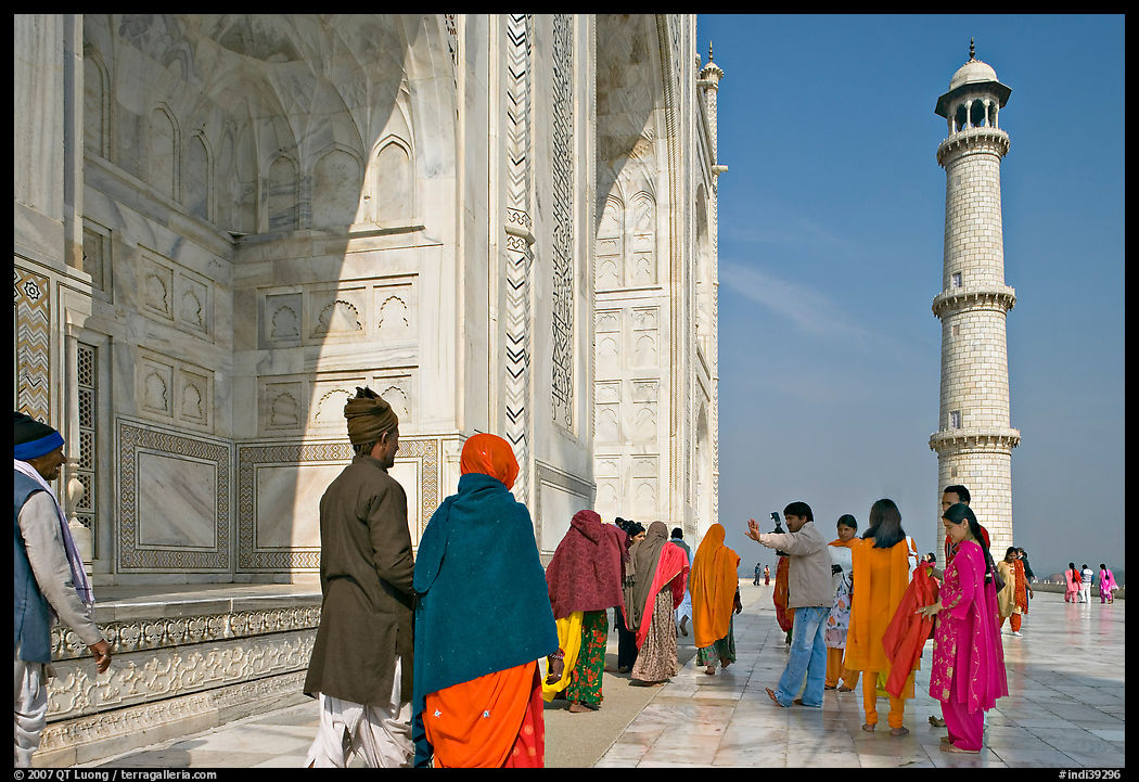 Colorful visitors on the platform, Taj Mahal,. Agra, Uttar Pradesh, India