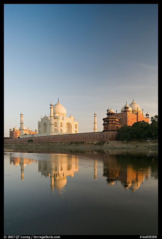 Taj Mahal complex reflected in Yamuna River. Agra, Uttar Pradesh, India