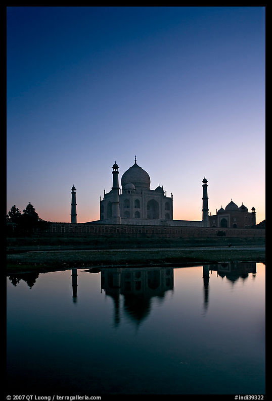Taj Mahal reflected in  Yamuna River at sunset. Agra, Uttar Pradesh, India