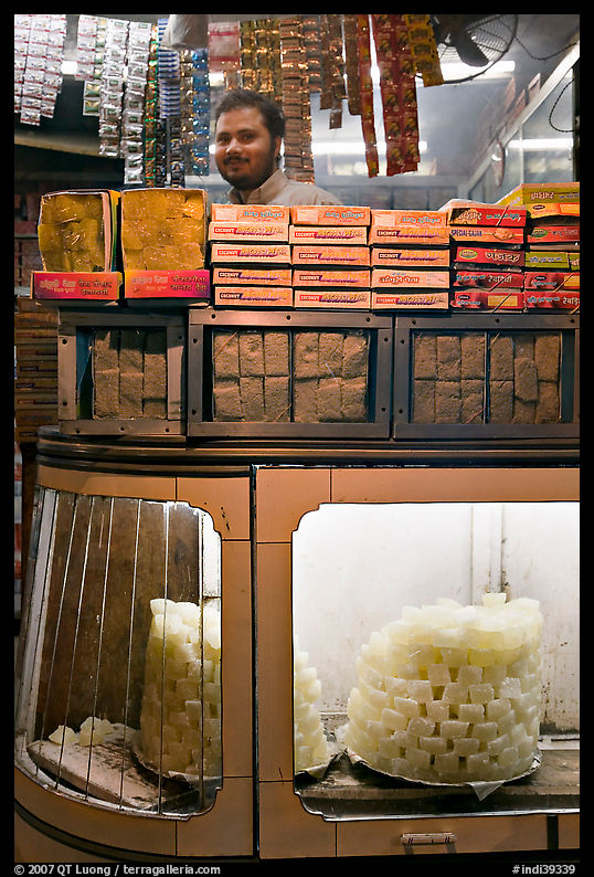 Store selling peitha squares, a local sweet. Agra, Uttar Pradesh, India