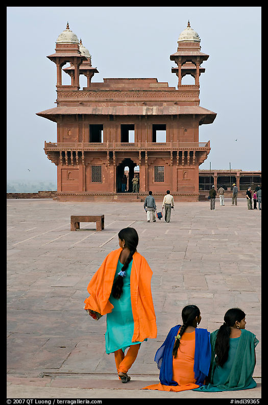 Women, Pachisi courtyard, and Diwan-i-Khas. Fatehpur Sikri, Uttar Pradesh, India