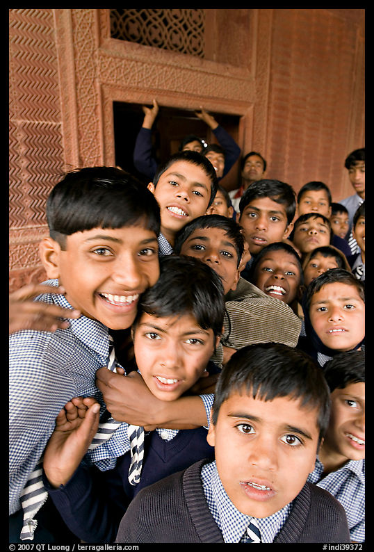 Group of schoolboys in front of Rumi Sultana. Fatehpur Sikri, Uttar Pradesh, India
