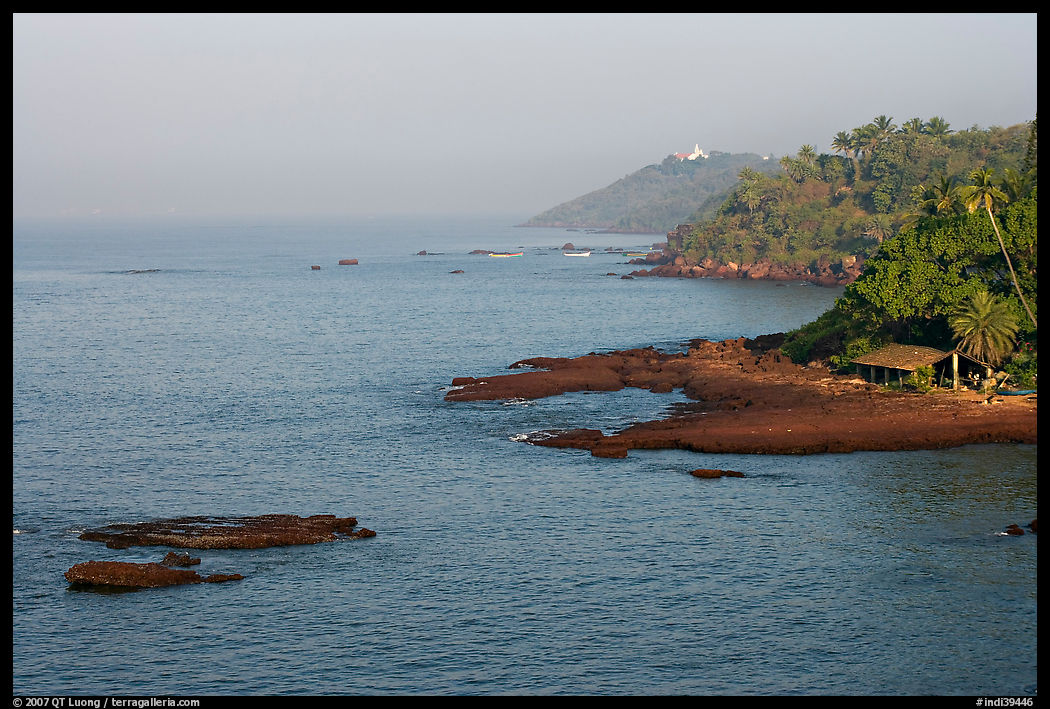 Coastline, palm trees, and clear waters, Dona Paula. Goa, India