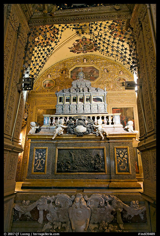 Three-tiered marble tomb of St Francis, Basilica of Bom Jesus, Old Goa. Goa, India