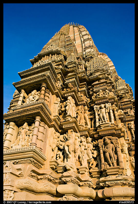 Bands of sculptures and sikhara, Javari Temple, Eastern Group. Khajuraho, Madhya Pradesh, India