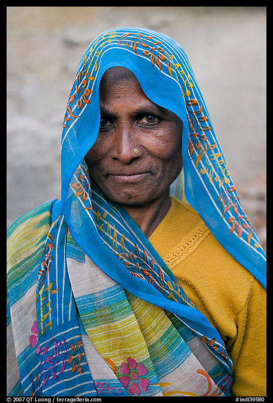 Elderly woman with head scarf. Khajuraho, Madhya Pradesh, India