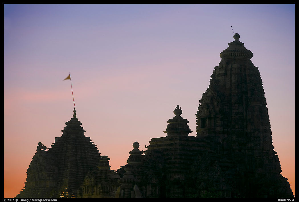 Temple silhouette, Western Group, sunset. Khajuraho, Madhya Pradesh, India