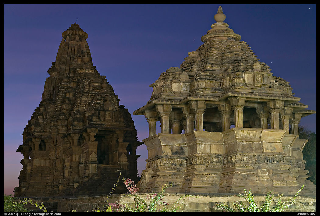 Temples at dusk, Western Group. Khajuraho, Madhya Pradesh, India