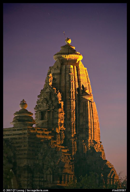 Illuminated temple at night, Western Group. Khajuraho, Madhya Pradesh, India