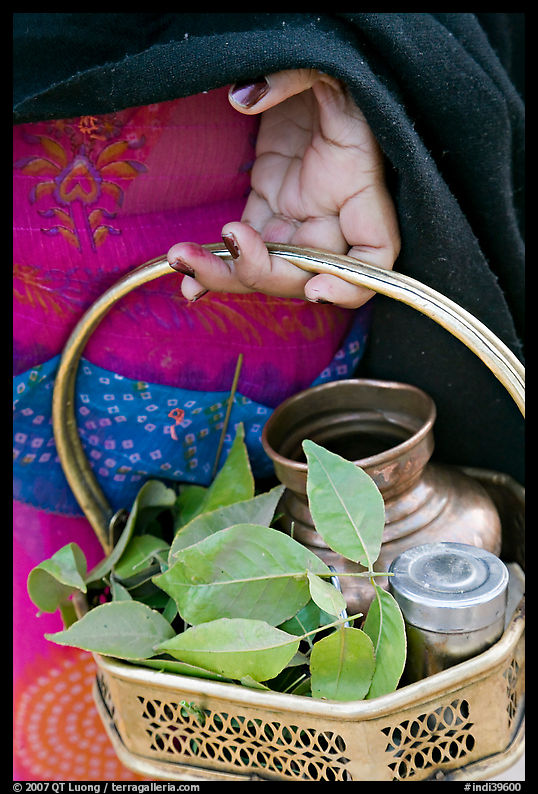 Basket with temple ritual offerings. Khajuraho, Madhya Pradesh, India