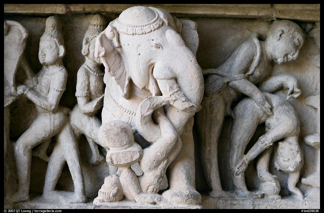 Elephant and Mithuna figures, Lakshmana temple. Khajuraho, Madhya Pradesh, India