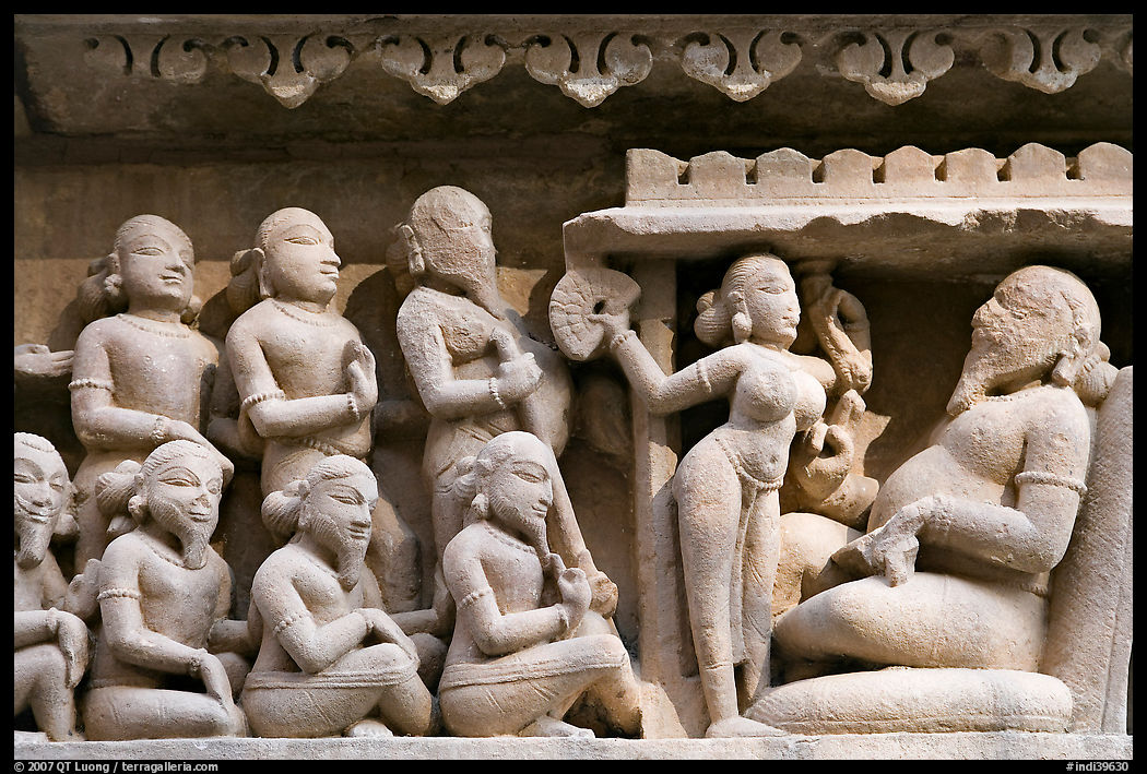 Sculpture of royal court scene, Lakshmana temple. Khajuraho, Madhya Pradesh, India