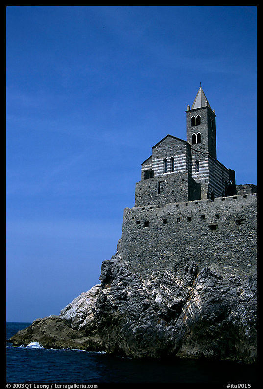 Chiesa di San Pietro (1277) in Genoese Gothic fashion with black and white bands of marble, Porto Venere. Liguria, Italy