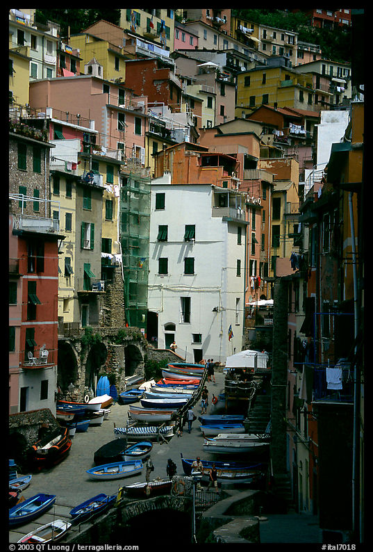 Main street built along a steep ravine, Riomaggiore. Cinque Terre, Liguria, Italy