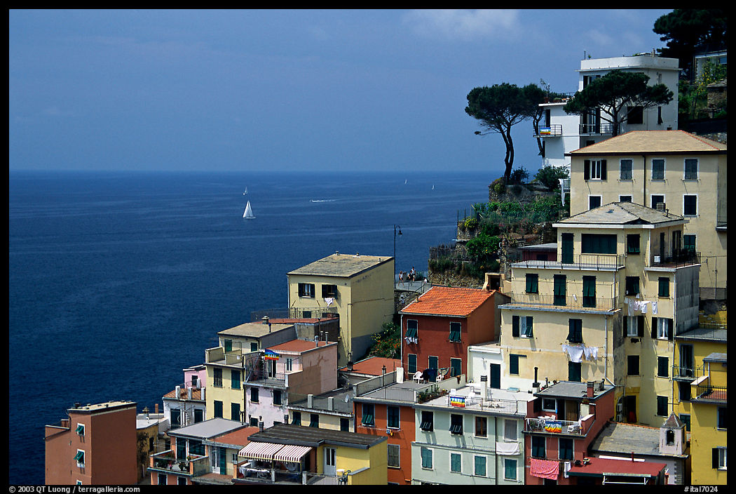 Houses built on the sides of a steep ravine overlook the Mediterranean, Riomaggiore. Cinque Terre, Liguria, Italy