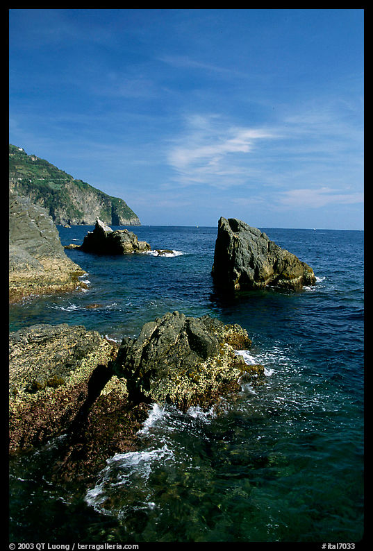 Mediterranean coastline and rocks near Manarola. Cinque Terre, Liguria, Italy