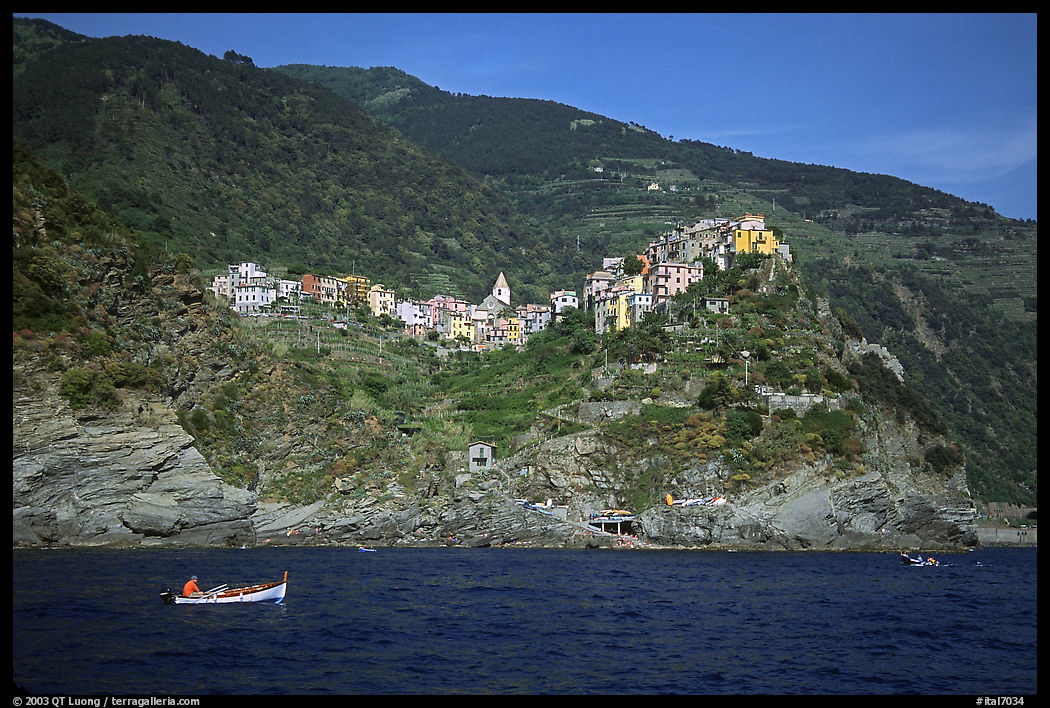 Corniglia, on a ridge high above the sea. Cinque Terre, Liguria, Italy
