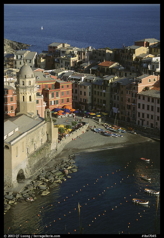 Church, harbor, and beach, Vernazza. Cinque Terre, Liguria, Italy