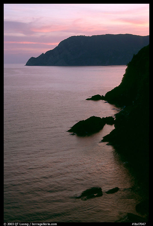 Mediterranean coastline at sunset near Vernazza. Cinque Terre, Liguria, Italy