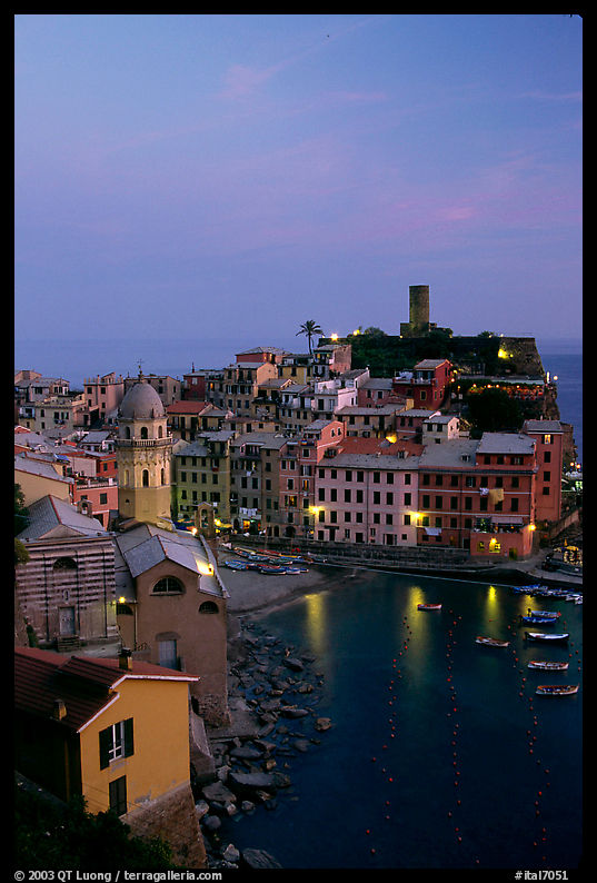 Port and Castello Doria, dusk, Vernazza. Cinque Terre, Liguria, Italy