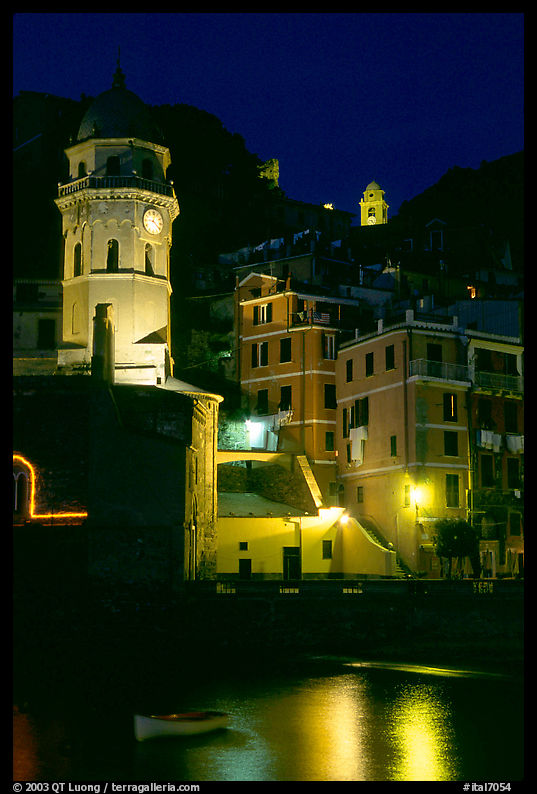 Churches illuminated at night, Vernazza. Cinque Terre, Liguria, Italy