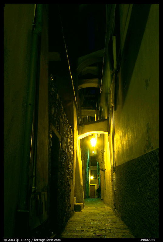 Narrow street at night, Vernazza. Cinque Terre, Liguria, Italy