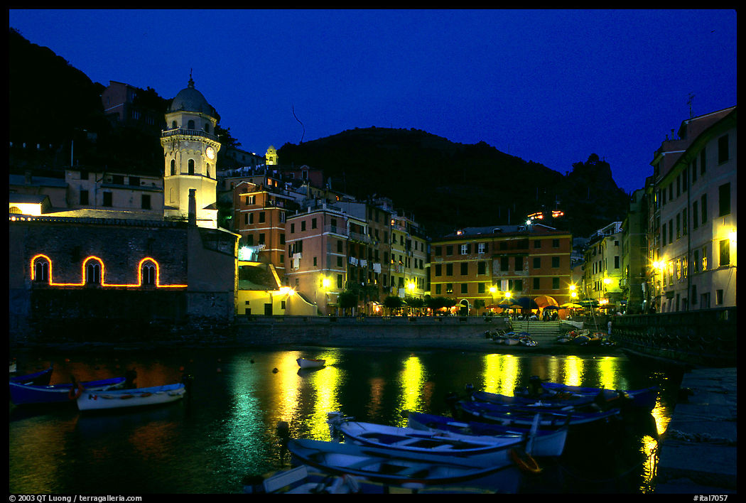 Harbor and seaside Piazza Guglielmo Marconi at night, Vernazza. Cinque Terre, Liguria, Italy