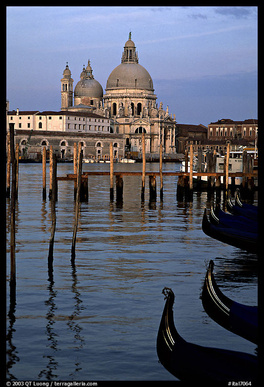 Moored gondolas, Canale della Guidecca, Santa Maria della Salute church at sunrise. Venice, Veneto, Italy