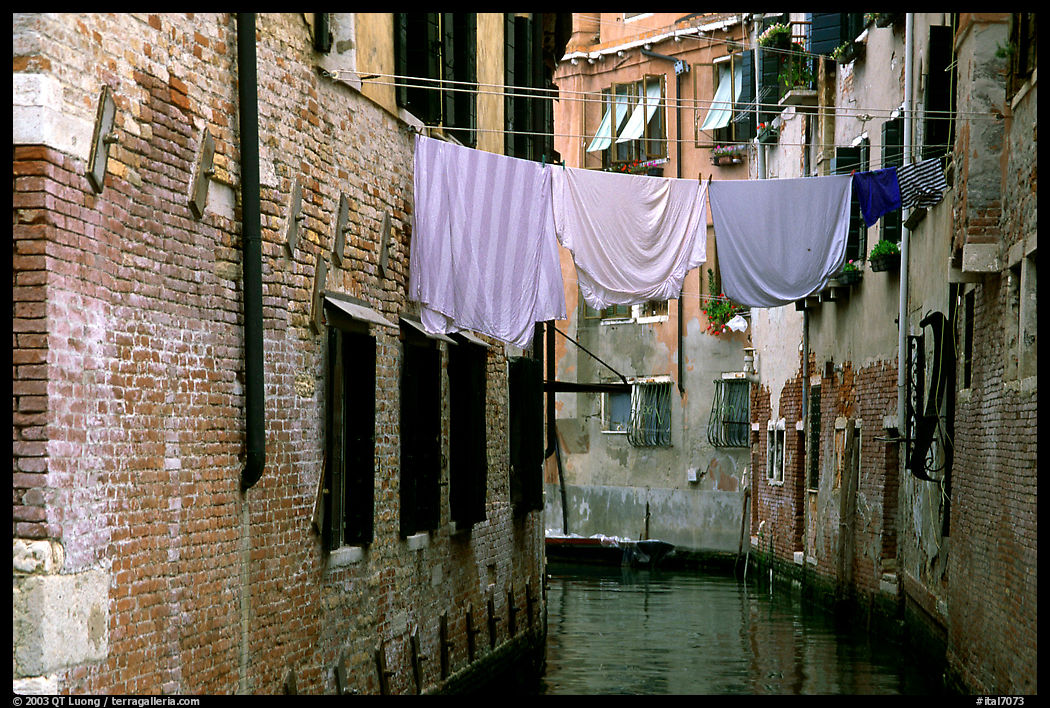 Clothelines and canal in a popular quarter, Castello. Venice, Italy