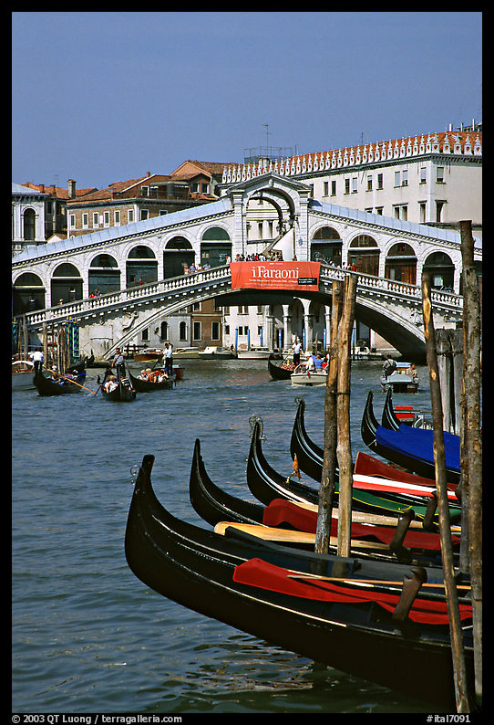 Gondolas and Rialto Bridge. Venice, Italy