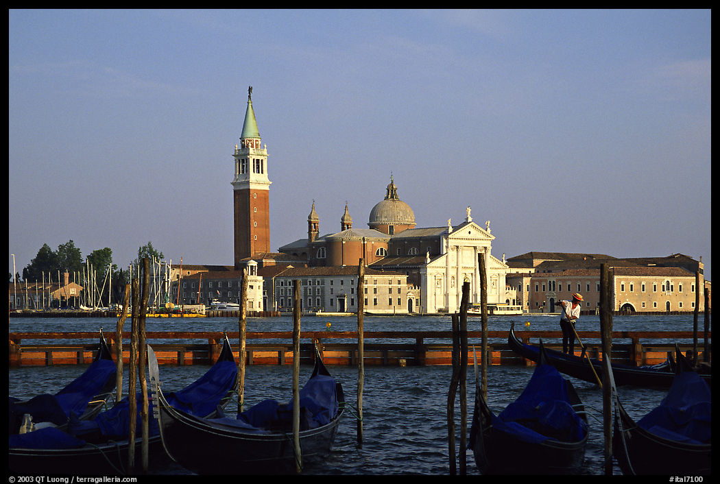 Gondolas, Canale della Guidecca, San Giorgio Maggiore church, late afternoon. Venice, Veneto, Italy