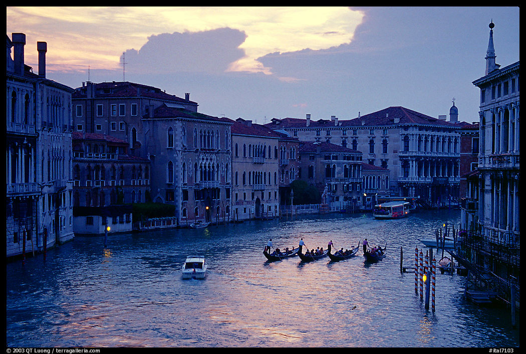 Gondolas, Grand Canal, from the Academy Bridge,  sunset. Venice, Veneto, Italy