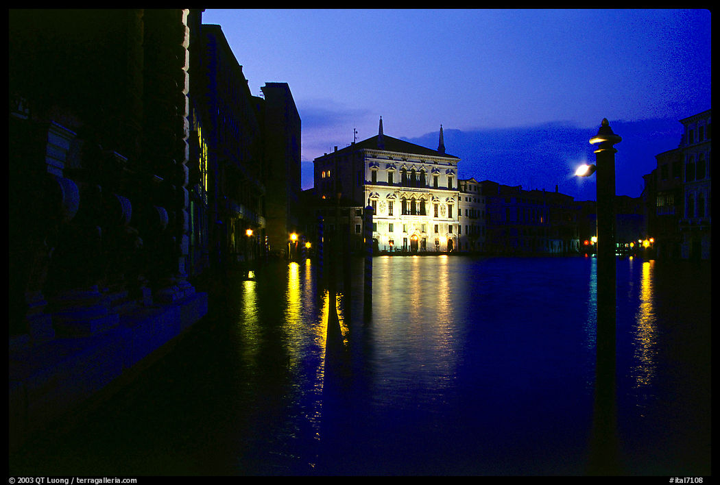 Rezzonico palace at night, along the Grand Canal. Venice, Veneto, Italy
