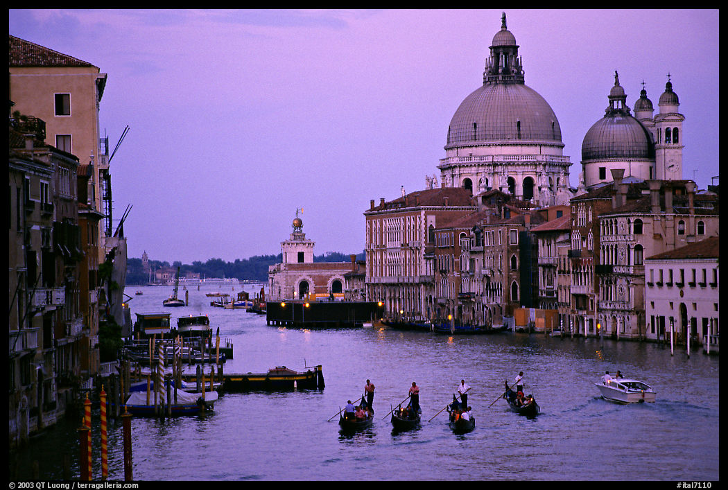 Gondolas, Grand Canal, Santa Maria della Salute church from the Academy Bridge, dusk. Venice, Veneto, Italy