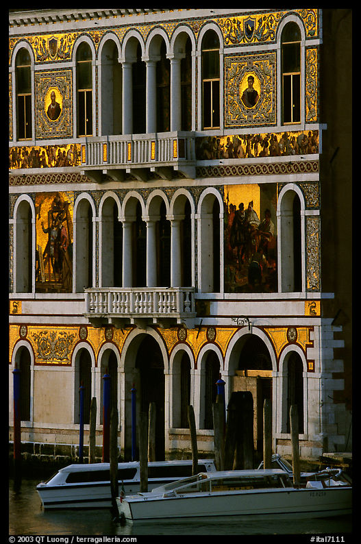 Beautiful colored marbles on the facade of Palazzo Dorio (1487) on the Grand Canal. Venice, Veneto, Italy