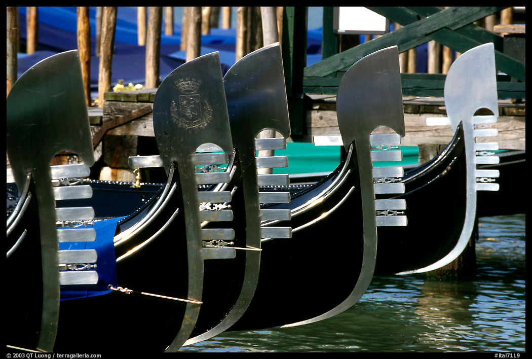 Gondolas prows, with their characteristic ferri. Venice, Veneto, Italy
