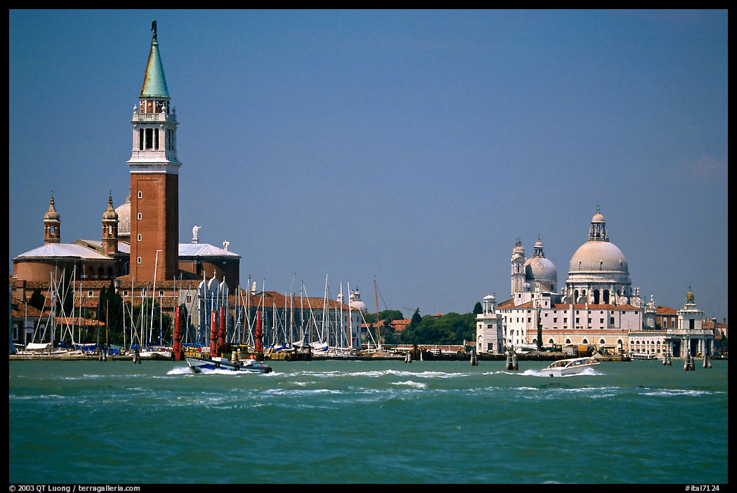 Campanile and Santa Maria della Salute across the Canale della Guidecca, mid-day. Venice, Veneto, Italy
