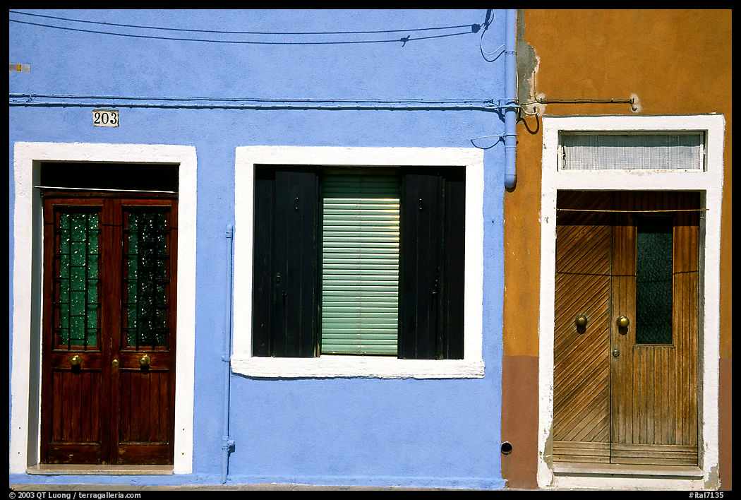 Doors, window, multicolored houses, Burano. Venice, Veneto, Italy
