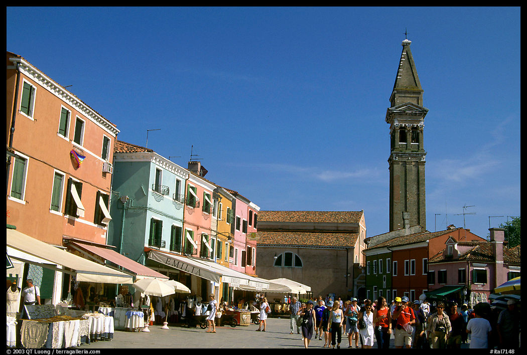 Street and church, Burano. Venice, Veneto, Italy